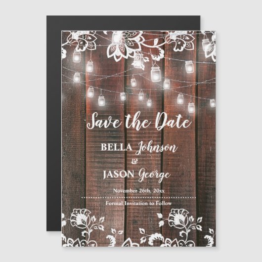 Invitation Magnétique Rustic Lace String Lights Wedding Save the Date (Devant / Derrière)