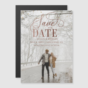 Invitation Magnétique Rustic Rose Gold Script Photo Enregistrer la date
