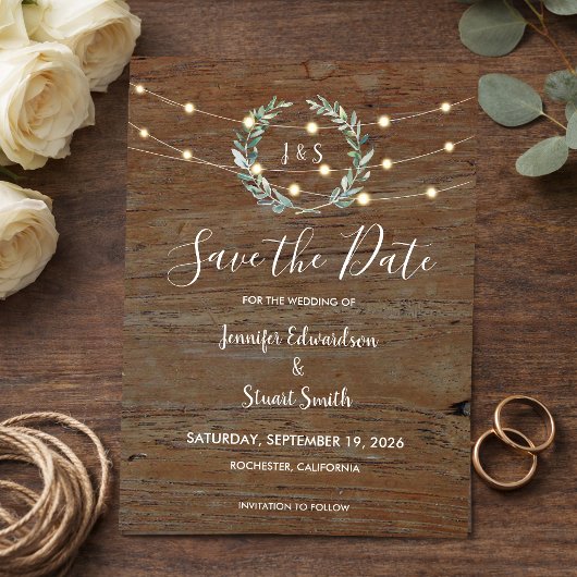 Invitation Magnétique Rustic wood string lights Save the Date