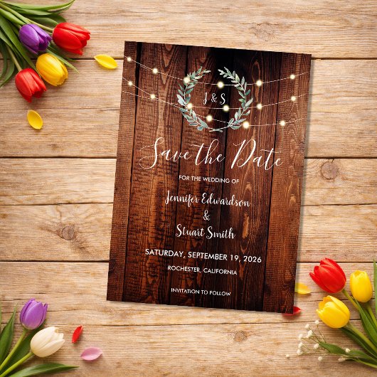 Invitation Magnétique Rustic wood string lights Save the Date