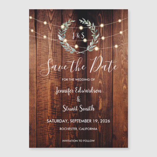 Invitation Magnétique Rustic wood string lights Save the Date (Devant)
