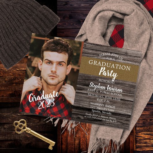 Invitation Magnétique Rustic Woodsy Photo Graduation Party