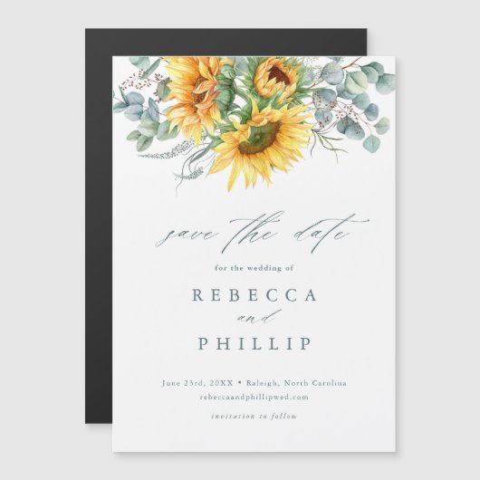 Invitation Magnétique Rustique Tournesol Eucalyptus Mariage Enregistrer  (Devant / Derrière)