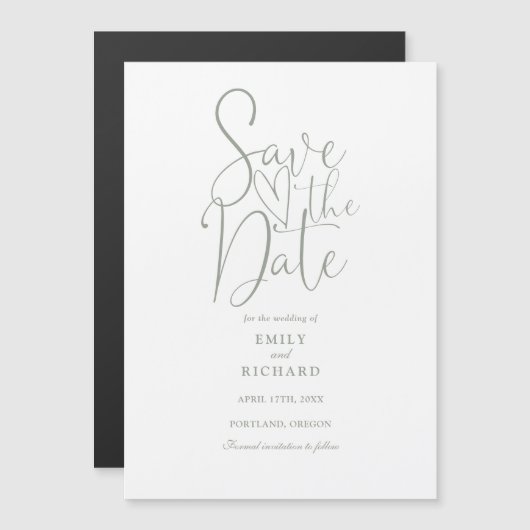 Invitation Magnétique Sage De Script Moderne Mariage Vert Enregistrer La (Devant / Derrière)