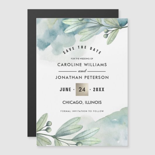 Invitation Magnétique Save the date. Bleu vert Mariage botanique (Devant / Derrière)