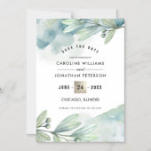 Invitation Magnétique Save the date. Bleu vert Mariage botanique (Recto)