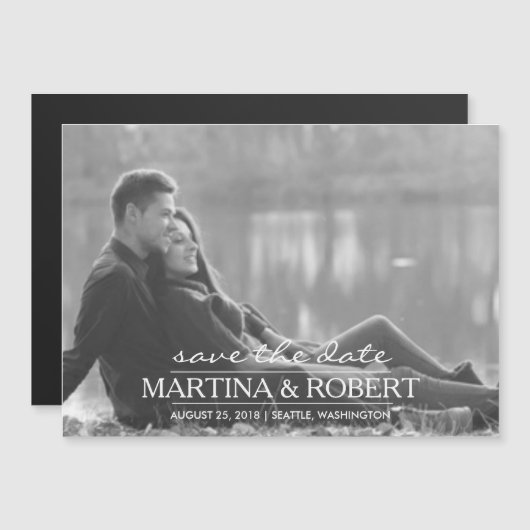 Invitation Magnétique Script blanc manuscrit Enregistrer la photo de dat (Devant / Derrière)