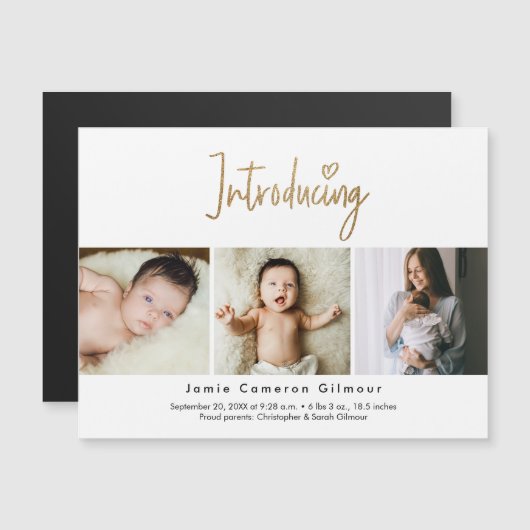 Invitation Magnétique Script Gold Présentation Baby Custom 3 photo (Devant / Derrière)