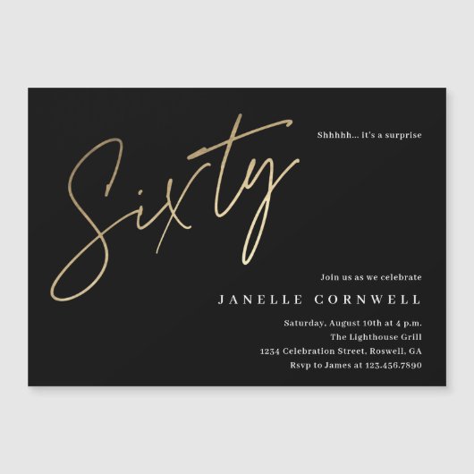 Invitation Magnétique Script minimal Black Gold 60e anniversaire (Devant)