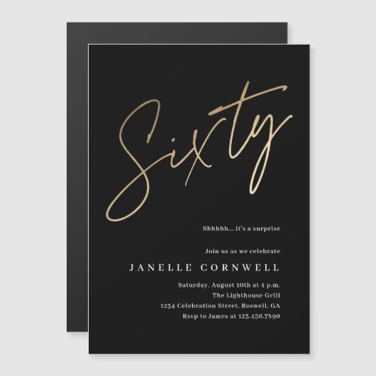 Invitation Magnétique Script minimal Black Gold 60e anniversaire (Devant / Derrière)