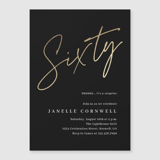 Invitation Magnétique Script minimal Black Gold 60e anniversaire (Devant)