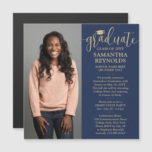 Invitation Magnétique Script moderne Marine Bleu & Or 1 Diplôme photo (Devant / Derrière)