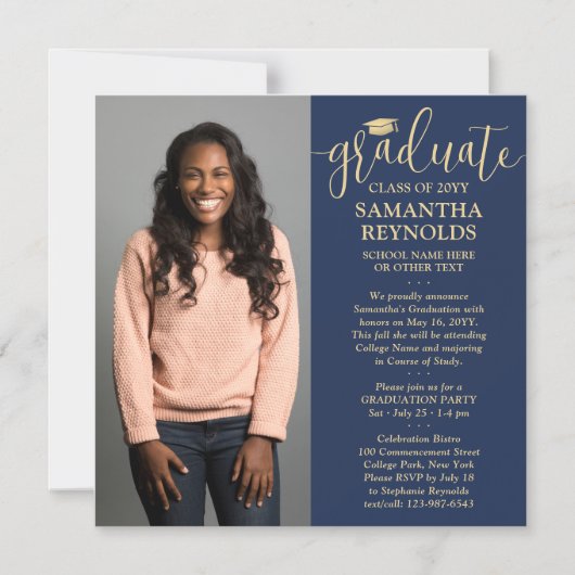 Invitation Magnétique Script moderne Marine Bleu & Or 1 Diplôme photo (Recto)