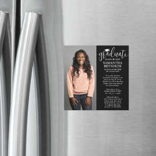 Invitation Magnétique Script moderne noir et blanc 1 photo graduation
