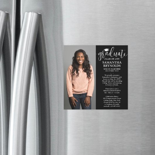 Invitation Magnétique Script moderne noir et blanc 1 photo graduation