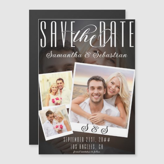 Invitation Magnétique Script moderne tendance 3 Photo Mariage Enregistre (Devant / Derrière)