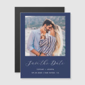 Invitation Magnétique Script photo minimal bleu marine (Devant / Derrière)