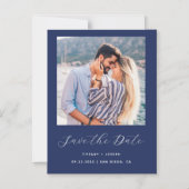 Invitation Magnétique Script photo minimal bleu marine (Recto)