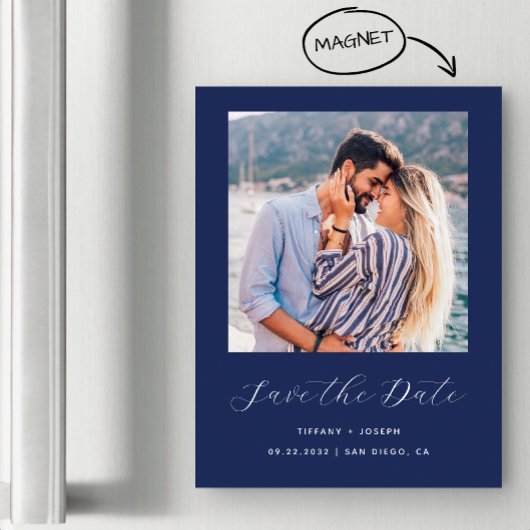 Invitation Magnétique Script photo minimal bleu marine