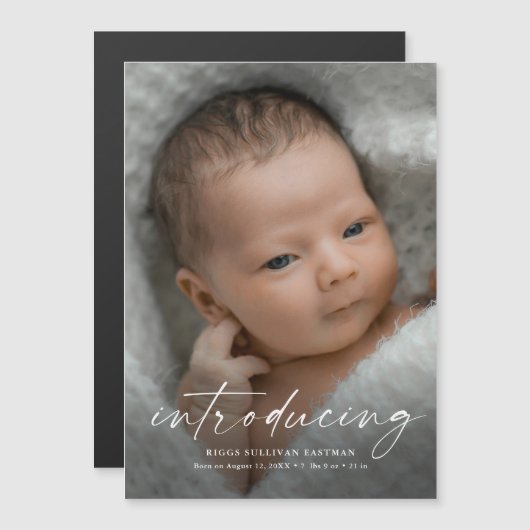 Invitation Magnétique Script Présentation du Merci photo bébé (Devant / Derrière)