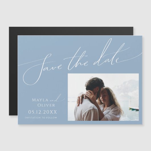 Invitation Magnétique Script Whimsical | Horizontal Bleu Enregistrer La (Devant / Derrière)