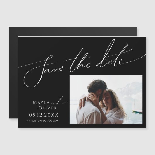 Invitation Magnétique Script Whimsical | Noir Horizontal Enregistrer La  (Devant / Derrière)