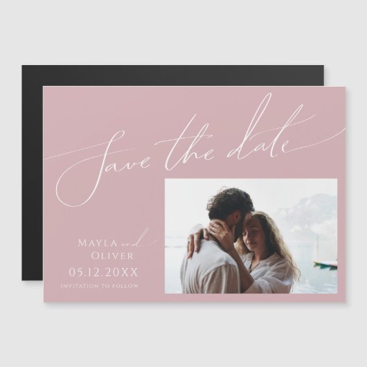 Invitation Magnétique Script Whimsical | Rose Horizontal Enregistrer La  (Devant / Derrière)