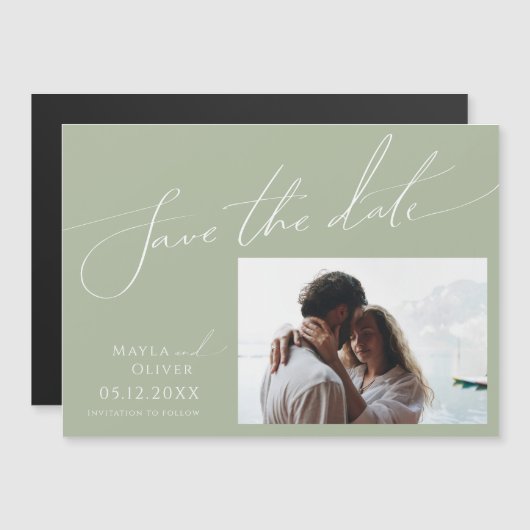 Invitation Magnétique Script Whimsical | Sage Horizontal Enregistrer La (Devant / Derrière)