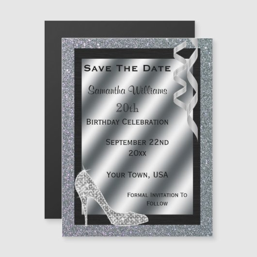 Invitation Magnétique Silver Glittery Stiletto & Streamers 20e anniversa (Devant / Derrière)
