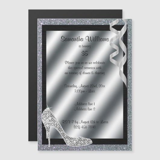 Invitation Magnétique Silver Glittery Stiletto & Streamers 35e anniversa (Devant / Derrière)