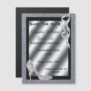 Invitation Magnétique Silver Glittery Stiletto & Streamers Sweet 16