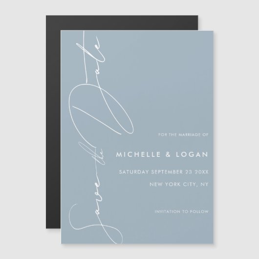 Invitation Magnétique Simple Dusty Blue Modern Script Enregistrer la dat (Devant / Derrière)