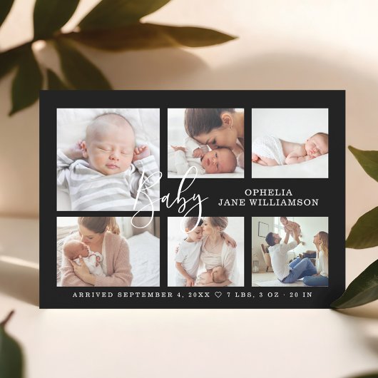 Invitation Magnétique Simple Script Baby Birth Photo Collage noir