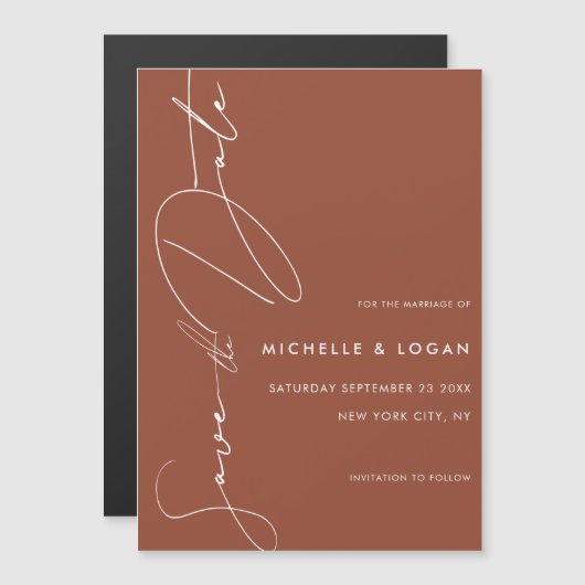 Invitation Magnétique Simple Terracotta moderne Script Enregistrer la da (Devant / Derrière)