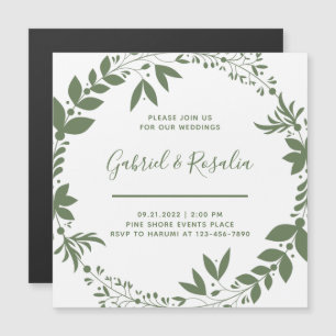 Invitation Magnétique Simple White & Olive Green Wreath Mariage élégant