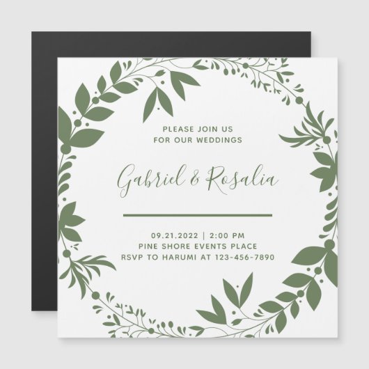 Invitation Magnétique Simple White & Olive Green Wreath Mariage élégant (Devant / Derrière)