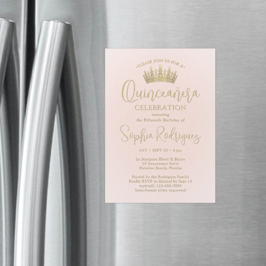 Invitation Magnétique Simply Elegant Quinceañera Crown Blush Pink & Gold