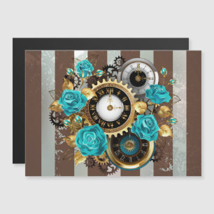 Invitation Magnétique Steampunk Clock and Turquoise Roses on Striped