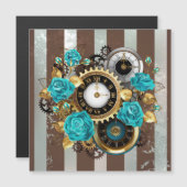 Invitation Magnétique Steampunk Clock and Turquoise Roses on Striped (Devant / Derrière)