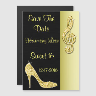 Invitation Magnétique Stiletto Doré & Clé de Sol 16e Enregistrer la Date