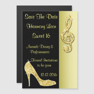 Invitation Magnétique Stiletto Doré & Clé de Sol 16e Enregistrer la Date