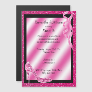 Invitation Magnétique Stiletto et Streamers rose Glittery Sweet 16
