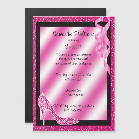 Invitation Magnétique Stiletto et Streamers rose Glittery Sweet 16 (Devant / Derrière)