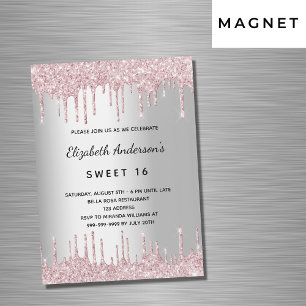 Invitation Magnétique Sweet 16 ans parties scintillant rose argent goutt