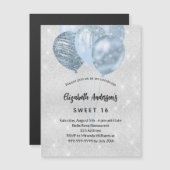 Invitation Magnétique Sweet 16 argent bleu parties scintillant ballons d (Devant / Derrière)