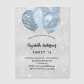 Invitation Magnétique Sweet 16 argent bleu parties scintillant ballons d (Devant)