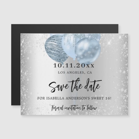 Invitation Magnétique Sweet 16 ballons bleu argent aimant enregistrer la (Devant / Derrière)