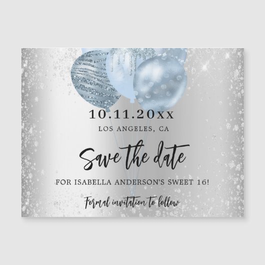 Invitation Magnétique Sweet 16 ballons bleu argent aimant enregistrer la (Devant)