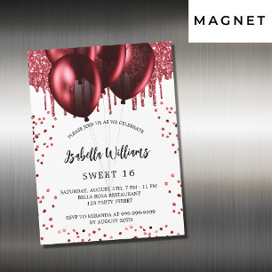 Invitation Magnétique Sweet 16 ballons rouges blanc luxe