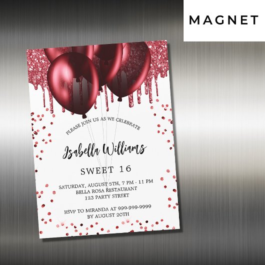 Invitation Magnétique Sweet 16 ballons rouges blanc luxe